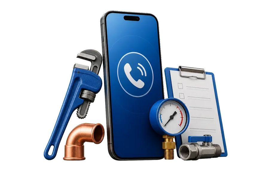 Telefon, nářadí a manometr jako symbol kontaktu pro technickou zakázku
