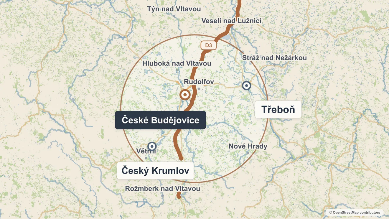 Mapa působnosti: České Budějovice, Český Krumlov, Třeboň a okolí